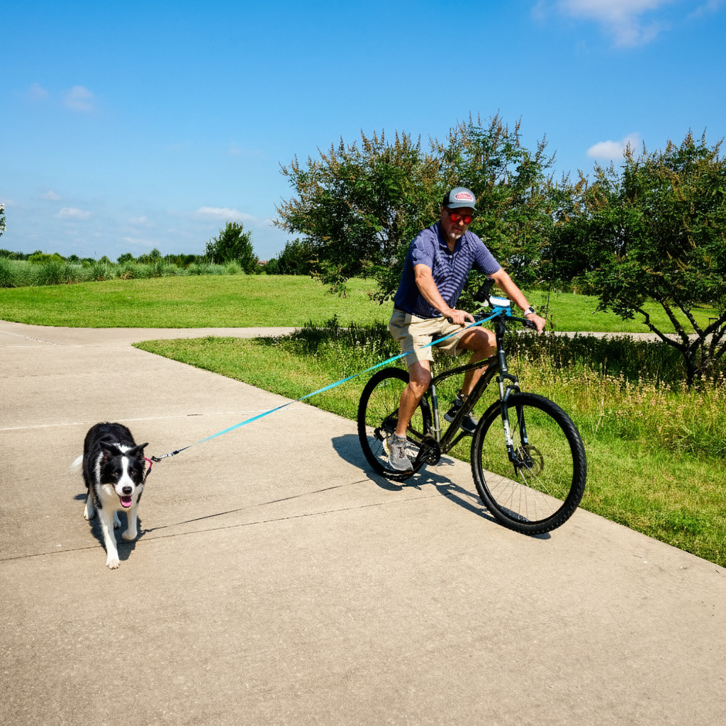 Dog running beside a bicycle during a controlled outdoor ride