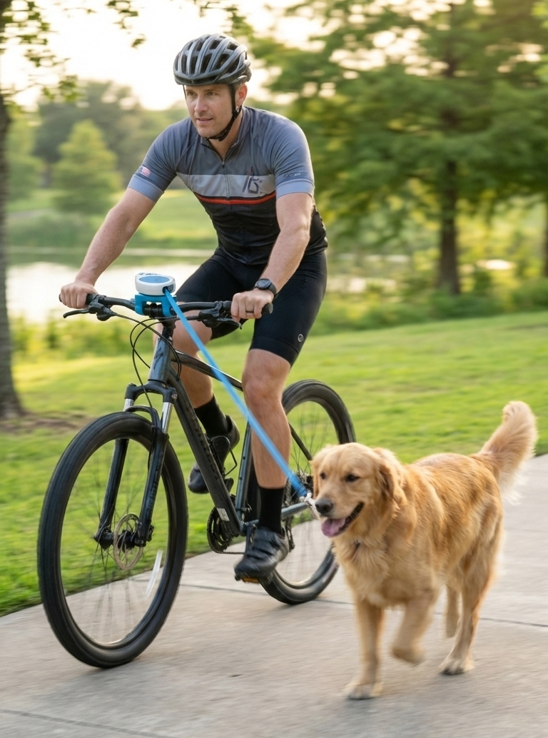 Man riding a bicycle with a dog walking using bike leash 